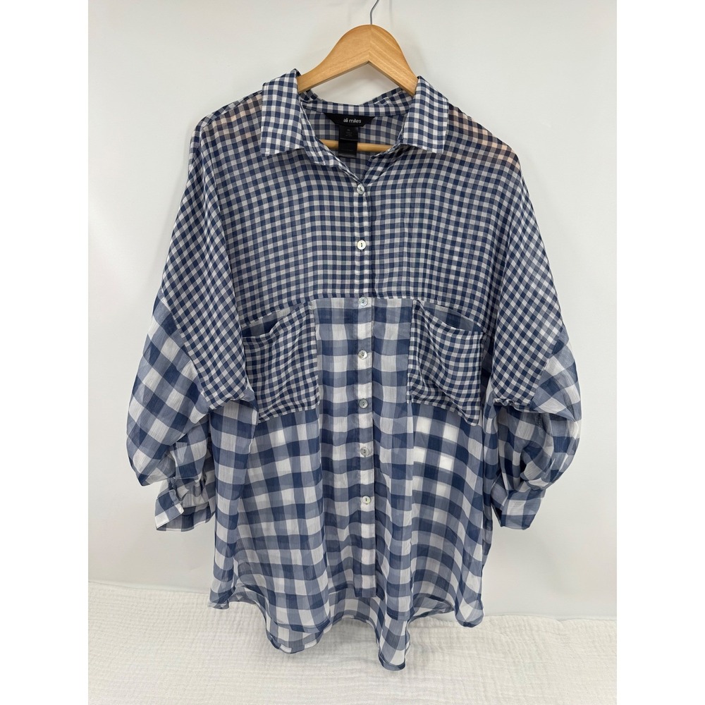 Ali Miles Button Front Tunic Shirt Size‎ XL Blue Gingham Roll Tab Sheer Chiffon